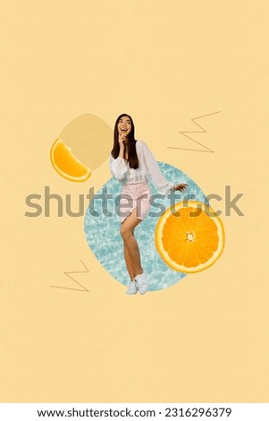Creative abstract template collage of excited funny beautiful pretty female water waves summer vacation sea orange citrus fresh fruits