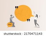 Creative abstract template collage of funny couple white visual effect talking sms empty space isolated beige color background