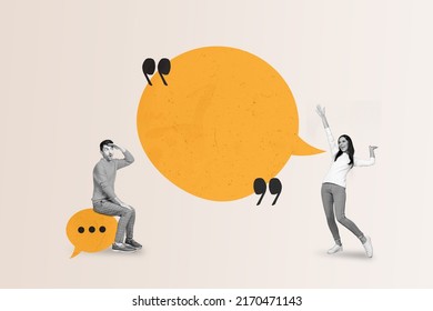 Creative abstract template collage of funny couple white visual effect talking sms empty space isolated beige color background