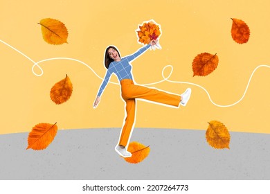 Creative abstract template collage of funny funky excited woman holding bunch orange golden autumn leaves have fun enjoy season walking - Shutterstock ID 2207264773