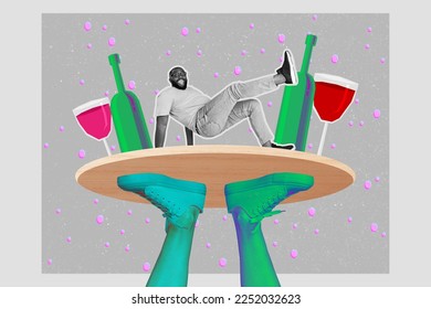 Creative abstract template collage of funny funky dancing hip hop man waiter tray alcohol have fun wine drunk friday celebrate holiday