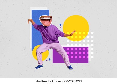 Creative abstract template collage of funny young man hoodie big smiling mouth instead head toothy beaming smile dancing chilling artwork