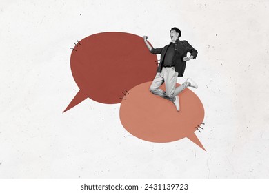 Creative abstract template collage of funny young man jumping have fun comics speech bubble comunication talk weird freak bizarre unusual