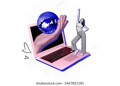 Creative abstract template collage of funny girl dancing discoball discotheque laptop unusual fantasy billboard comics zine