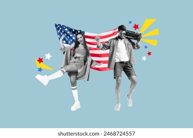 Creative abstract template collage of funny couple dancing celebrating 4th july usa independence day fantasy billboard comics zine minimal