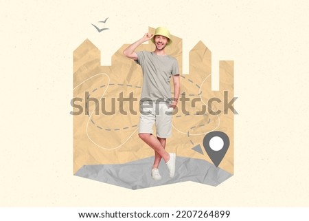 Creative abstract template collage of funny young man visit foreign country city enjoy sightseeing travel guide excursion location mark