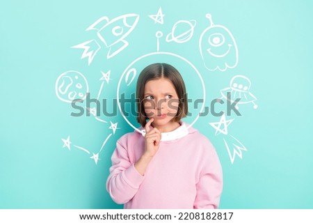 Creative abstract template collage of funny cute smart minded little girl dream become astronomer astronaut cosmos astronomy school lesson