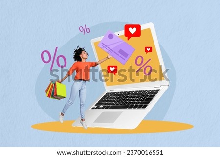 Creative abstract template collage of funny young girl shopping bags enjoy online buying sales netbook laptop price off super offer