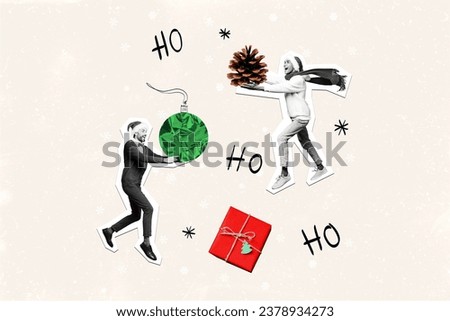 Creative abstract template collage of funny friends hold decor run christmas new year greeting card template holiday x-mas congratulation
