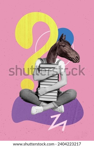 Creative abstract template collage of funny female sit hugging books stack horse head concept weird freak bizarre unusual fantasy