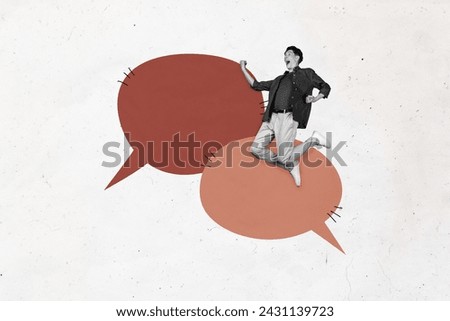 Creative abstract template collage of funny young man jumping have fun comics speech bubble comunication talk weird freak bizarre unusual