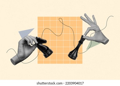 Creative abstract template collage of hands holding chess figures opponents intellectual game strategy politics playing drawing background - Shutterstock ID 2203904017