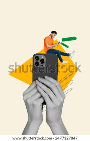 Creative abstract template collage of hands hold device wifi social media connection message freak bizarre unusual fantasy billboard