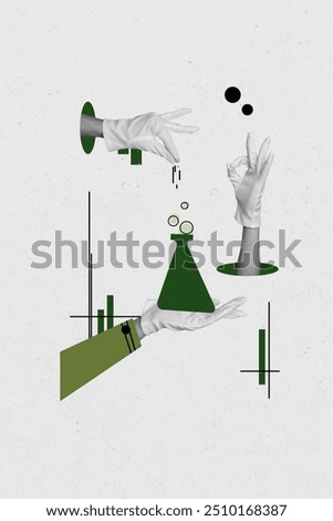 Creative abstract template collage of hands scientist laboratory flask research chemistry unusual fantasy billboard comics