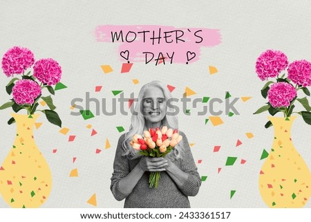 Creative abstract template collage of happy retired female hold bouquet celebrate mother day postcard bizarre unusual fantasy billboard