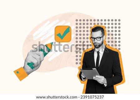 Creative abstract template collage of hold tablet check mark to do list busy manager chief hand hold pencil surrealism metaphor psychedelic