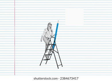 Creative abstract template collage of mature woman climbing stairs for signature document with pencil isolated on striped page background - Powered by Shutterstock