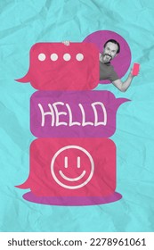 Creative abstract template collage of middle mature male screen device gadget speech comics bubble message chat talk say hello
