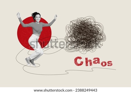 Creative abstract template collage of positive young girl jump excited tangled string chaos thought freak bizarre unusual fantasy billboard