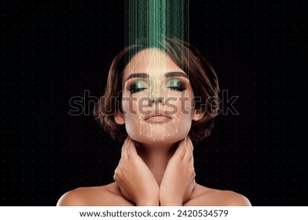 Creative abstract template collage of pretty girlfriend touch body have shower scan face beauty device skin analyzing