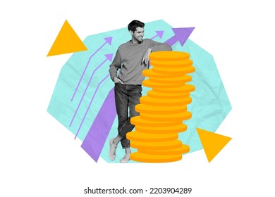 Creative abstract template collage of satisfied happy man lean big column pillar golden coins successful rich arrows increase point up