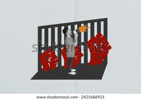 Creative abstract template collage of scream man megaphone fight fists power protest strength weird freak bizarre unusual fantasy billboard