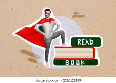 Creative Abstract Template Collage Of Serious Superman Stand Big Book Pile Read More Text Education Achievement Study Motivation Power