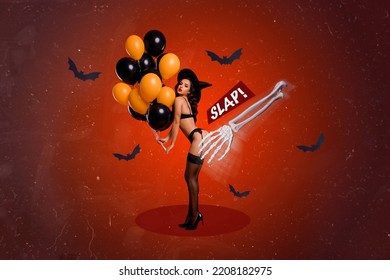 Creative Abstract Template Collage Of Sexy Figure Hot Witch Woman Hat Underwear Hold Balloons Shopping Promo Skeleton Hand Slap Booty