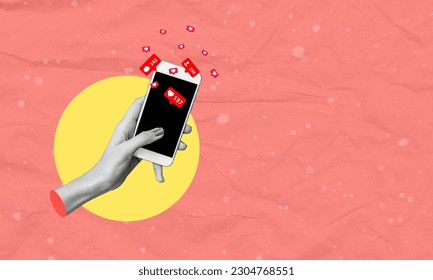 Creative abstract template collage of woman hands scrolling smartphone screen social media icons notifications hearts likes browsing. The concept of social networking. - Powered by Shutterstock