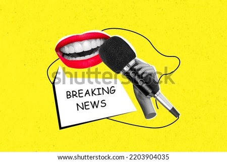 Creative abstract template collage of woman talking mouth reporter tv host journalist hold microphone bubble breaking news inscription