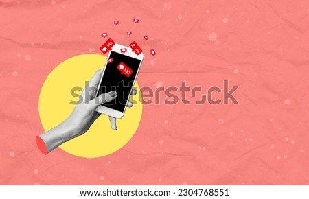 Creative abstract template collage of woman hands scrolling smartphone screen social media icons notifications hearts likes browsing. The concept of social networking.