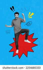 Creative abstract template graphics collage image of angry guy shouting swearing isolated drawing background