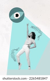 Creative abstract template graphics collage image happy smiling lady pointing finger big eye isolated drawing background