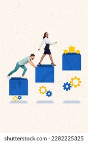Creative abstract template graphics collage image of guy helping lady achieving success isolated drawing background