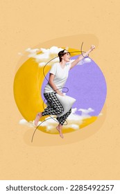 Creative abstract template graphics collage image of smiling excited lady riding pillow in dreams isolated drawing background