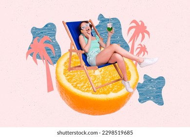 Creative abstract template graphics collage image smiling lady sunbathing talking device isolated pink color background