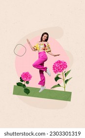 Creative abstract template graphics collage image of carefree charming lady dancing enjoying flowers isolated colorful background