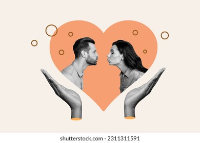 Creative abstract template graphics collage image of arms tacking care first kissing couple isolated beige color background - Shutterstock ID 2311311591