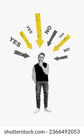 Creative abstract template graphics collage image of doubtful undecided guy thinking yes no isolated white color background