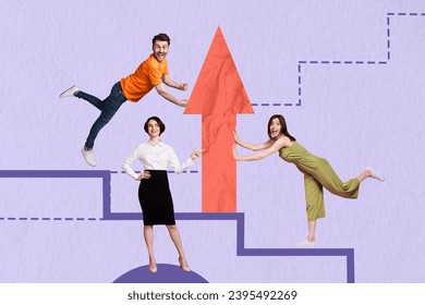 Creative abstract template graphics collage image of purposeful workers working in team achieving success isolated violet color background - Shutterstock ID 2395492269