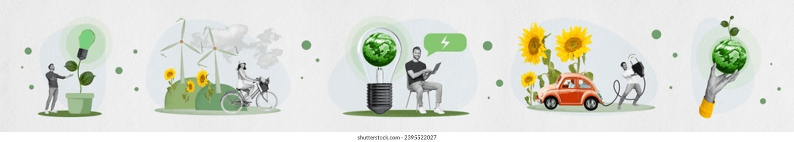 Creative abstract template graphics collage image of people using green energy isolated white color background - Powered by Shutterstock