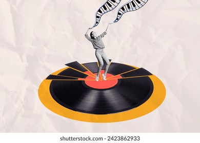 Creative abstract template graphics collage image of carefree lady enjoying piano music isolated beige color background