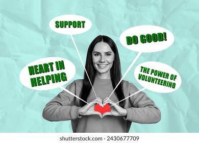 Creative abstract template graphics collage image of charming smiling lady asking do good isolated teal color background