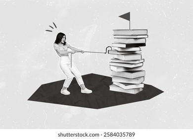 Creative abstract template graphics collage image of purposeful lady catching book on hook isolated drawing background