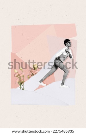 Creative abstract template graphics collage image of purposeful lady delivering flowers isolated drawing background