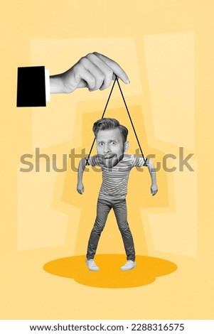 Creative abstract template graphics collage image of arm holding hanging tied guy isolated drawing background