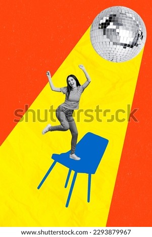 Creative abstract template graphics collage image of funky cool lady having fun dancing chair isolated colorful background