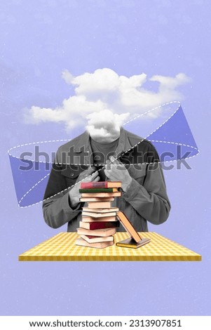 Creative abstract template graphics collage image of incognito guy reading many book isolated purple color background