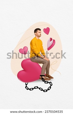 Creative abstract template graphics collage image of unhappy sad guy stuck in love trap isolated white color background