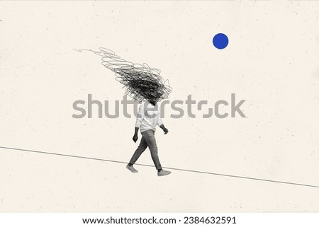 Creative abstract template graphics collage image of frustrated depressed guy mess instead head isolated beige color background